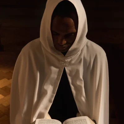 Monk in habit with hood up reading scripture