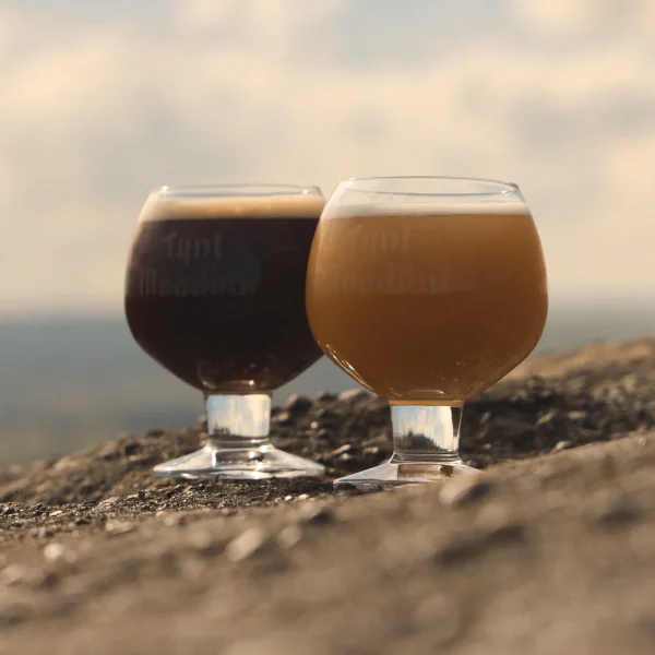 2 glasses of Tynt Meadow beer and Tynt Meadow Blond on a rock in scenic countryside